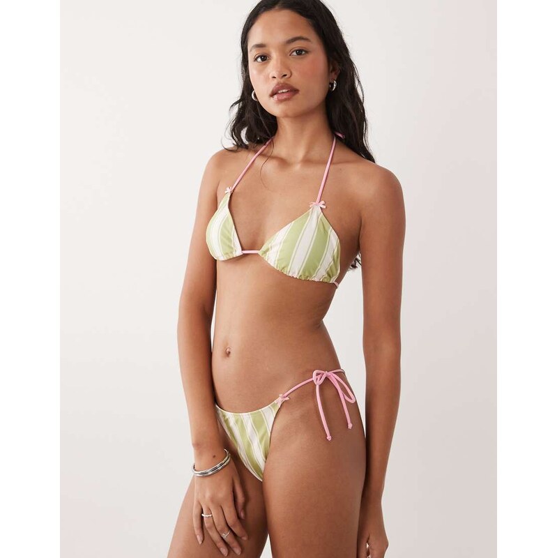 Brave Soul tie side bikini bottoms with bow detail in green and pink 114976939