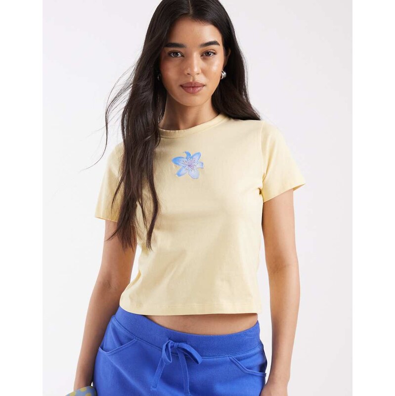 JJXX large flower print baby tee in yellow 115522826