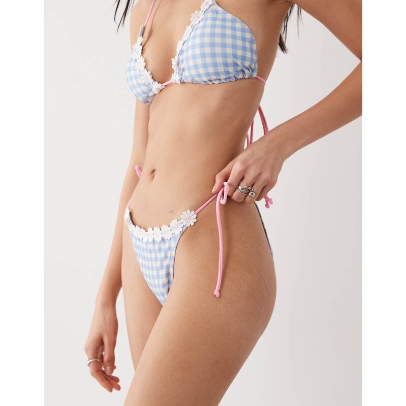 Brave Soul gingham print tie side bikini bottoms with flower 114976944