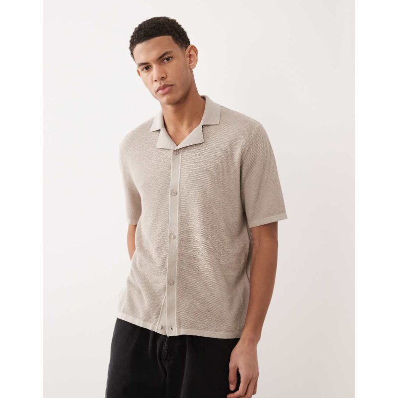 Jack & Jones knitted button through revere collar shirt in beige