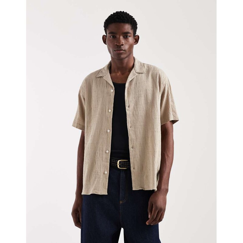 Jack & Jones textured short sleeve shirt in beige-Neutral