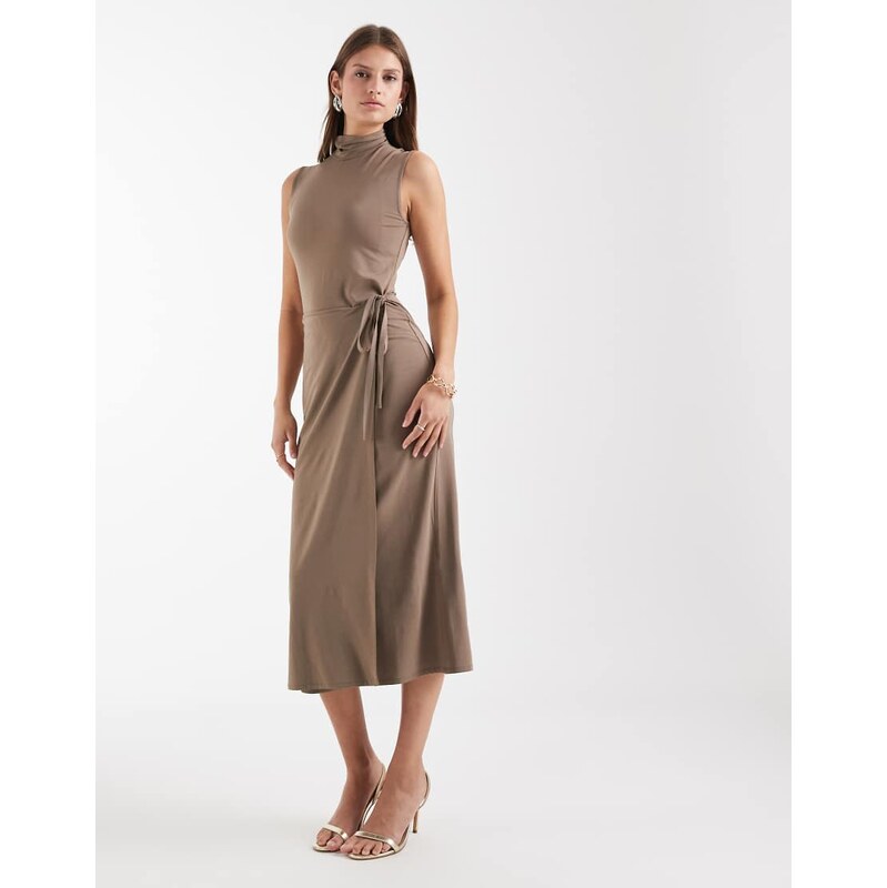 & Other Stories high neck tie waist midi dress in brown