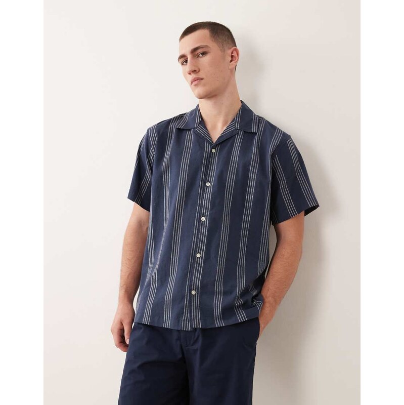Jack & Jones linen mix short sleeve shirt with stripes in navy