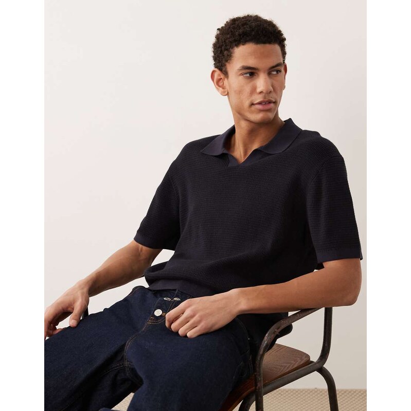 Jack & Jones Premium split neck knitted top in navy