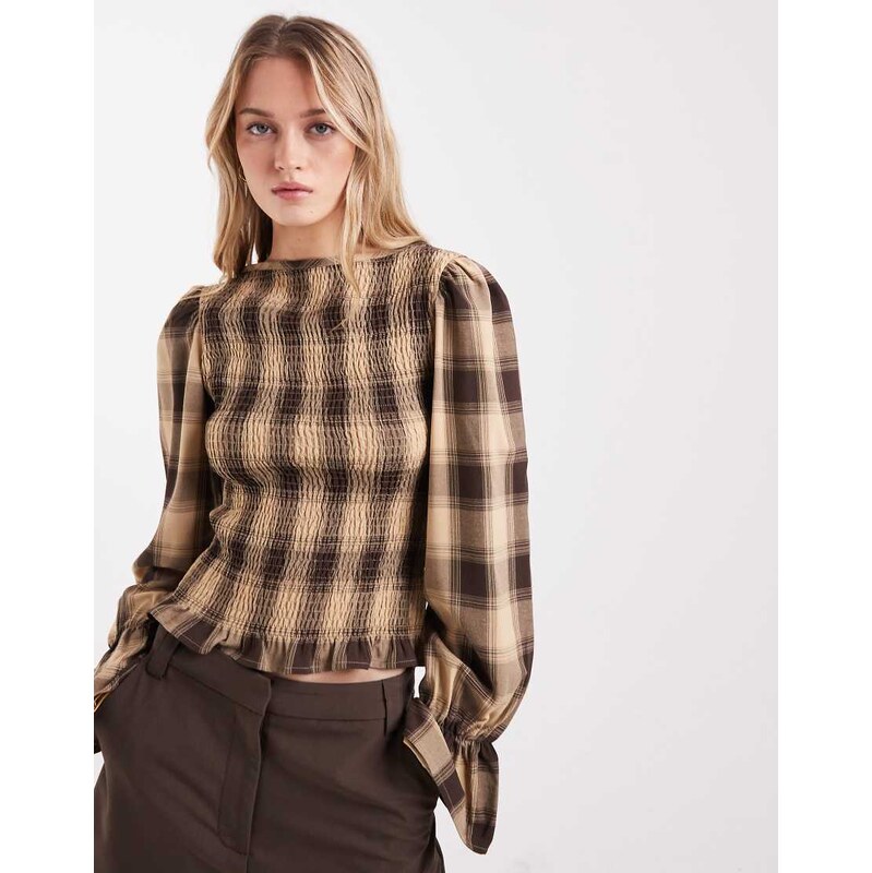 ASOS DESIGN shirred long sleeve blouse in cream check-Multi
