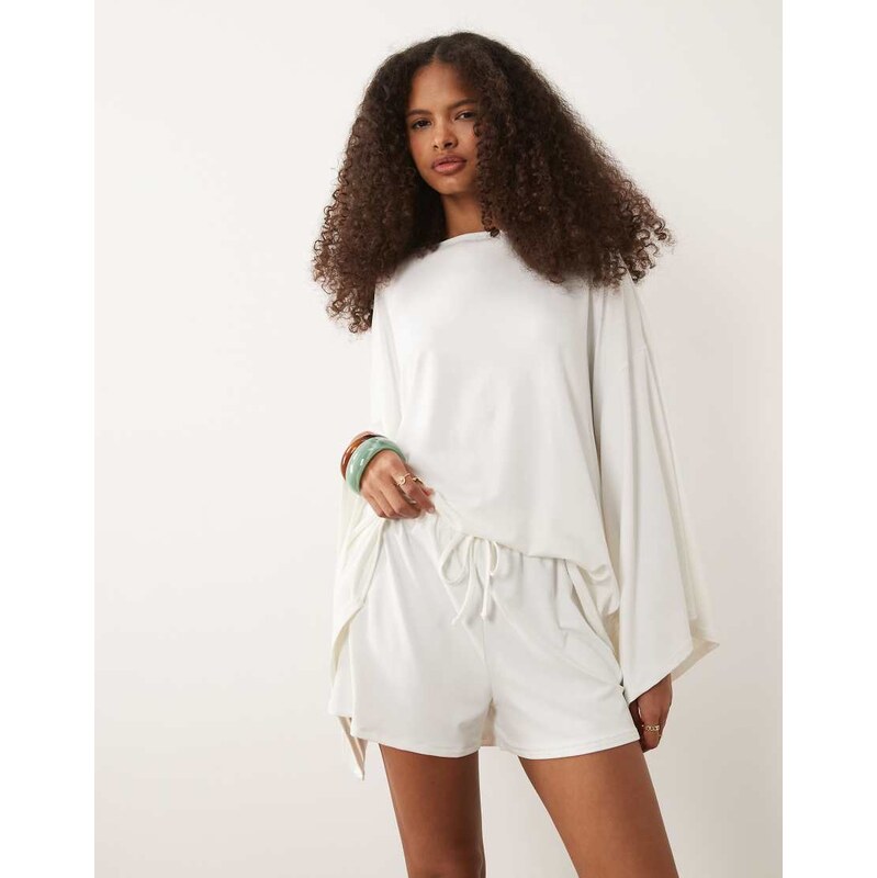 ASOS DESIGN wide leg draw string shorts co-ord in cream-White