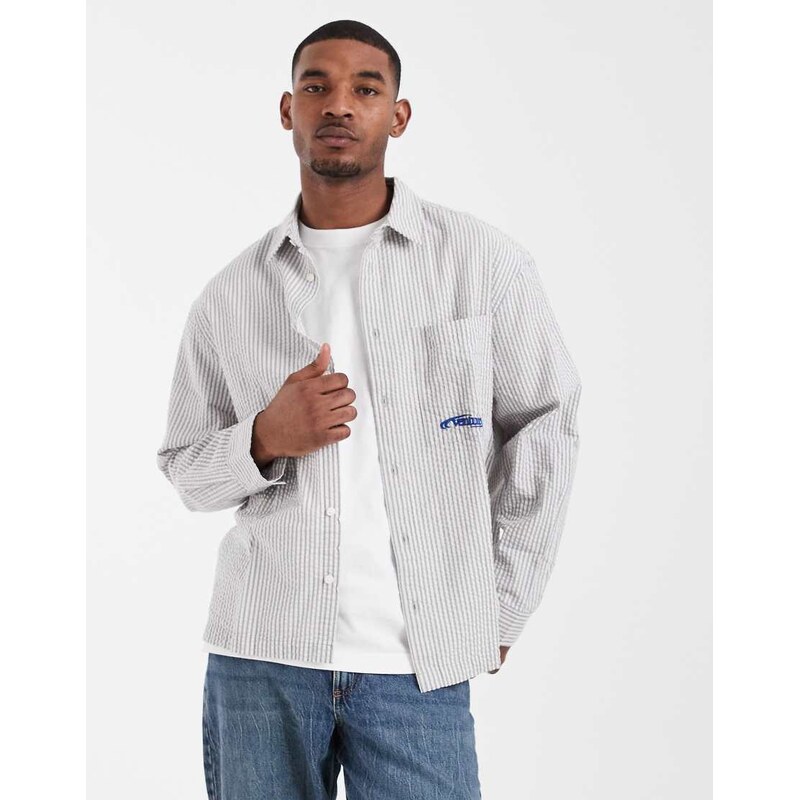 ASOS DESIGN oversized seersucker stripe shirt with chest embroidery in grey