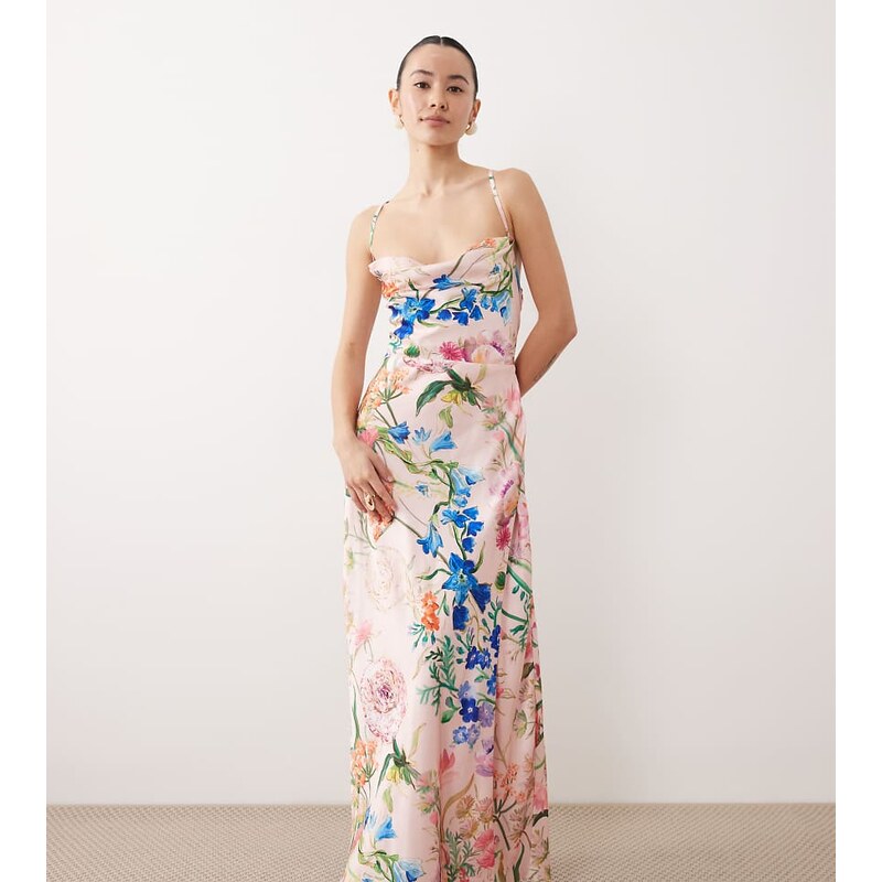 Hope & Ivy Petite satin cami maxi dress in light pink floral 115033732
