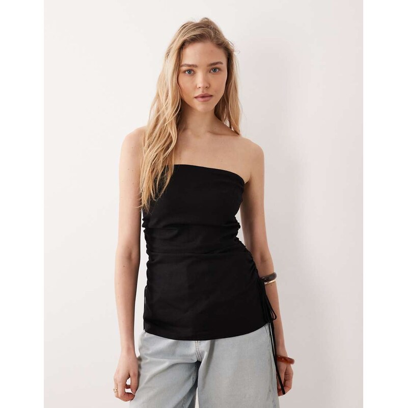 ASOS DESIGN ruched side linen bandeau top in black