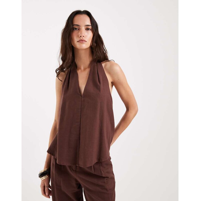 4th & Reckless linen feel halterneck v neck floaty top co-ord in 114983979