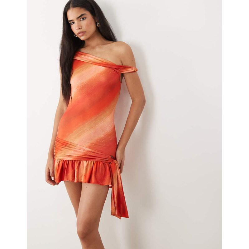 Tiger Mist Haelo off shoulder drape waist detail ruffle hem mini dress 115535765