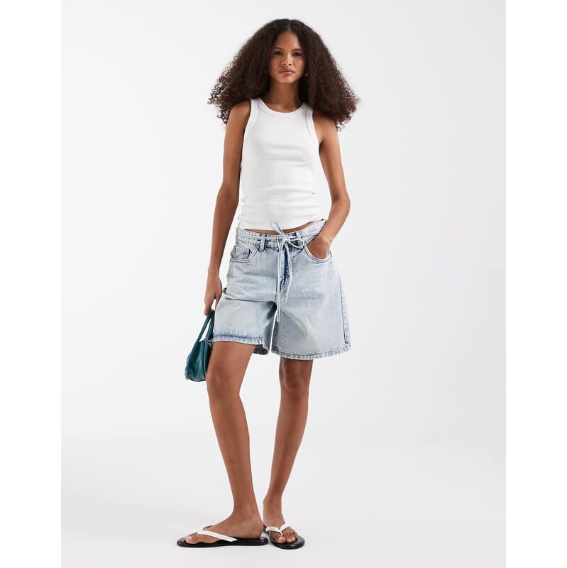 Vero Moda Wien mid rise belted denim shorts in light blue wash