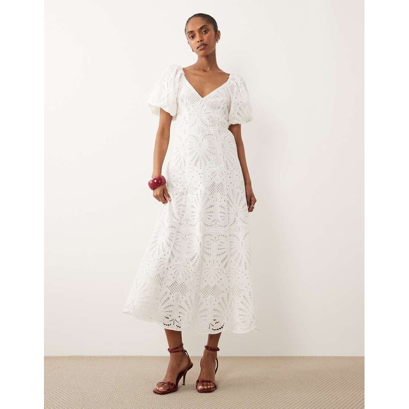 New Look puff sleeve cut work tie back midi dress in white