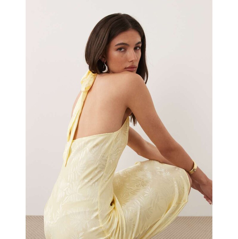New Look satin palm jacquard halter neck maxi dress in yellow