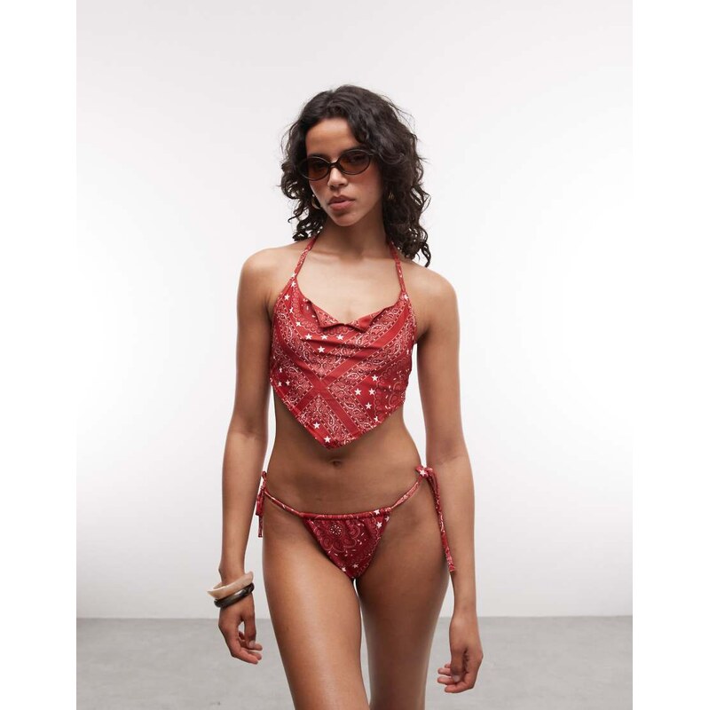 COLLUSION bandana print tie side bikini bottom in red 114983841
