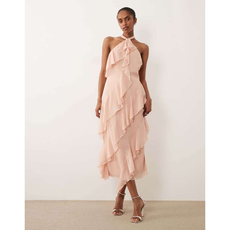 Pretty Lavish Aria chiffon halter neck ruffle midi dress in pink 114983879