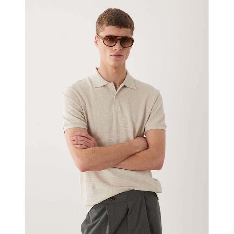 ASOS DESIGN regular fit zip polo in beige texture-Neutral