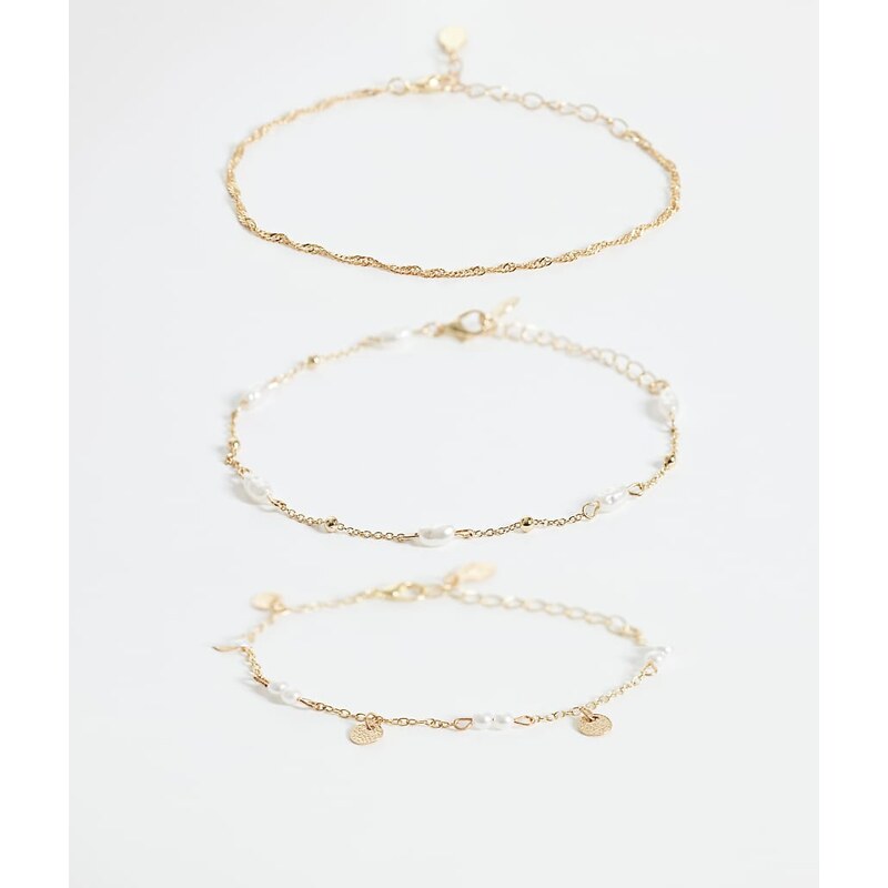 Accessorize pack of 3 faux pearl coin anklet in gold 114983935
