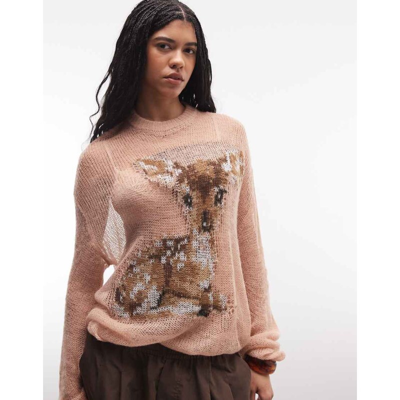 The Ragged Priest oversized open knit with deer graphic in pink 114984007