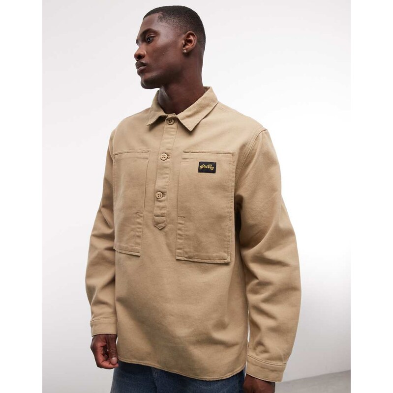 Stan Ray long sleeve utility cord half button up shirt in beige