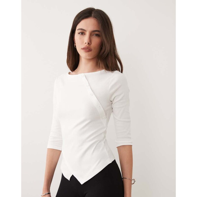 ASOS DESIGN 3/4 sleeve asymmetric button through top in white 114984057