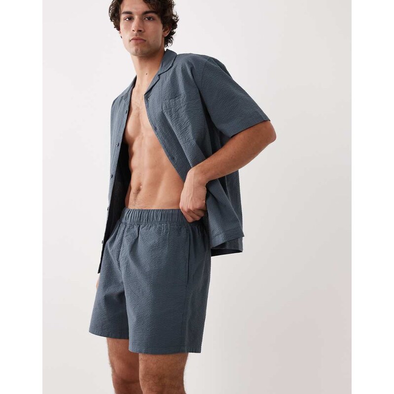 ASOS DESIGN co-ord seersucker mid length shorts in navy
