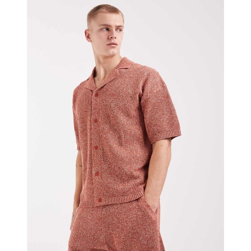ASOS DESIGN relaxed knitted button through co-ord in rust twist-Brown