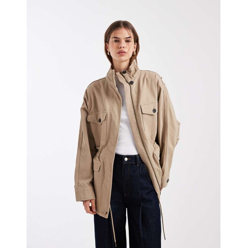 ASOS DESIGN cotton four pocket parka jacket in stone-Green 115491566