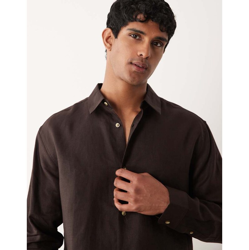 ASOS DESIGN co-ord 100% linen relaxed shirt in brown