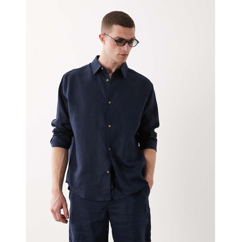 ASOS DESIGN co-ord 100% linen relaxed shirt in navy