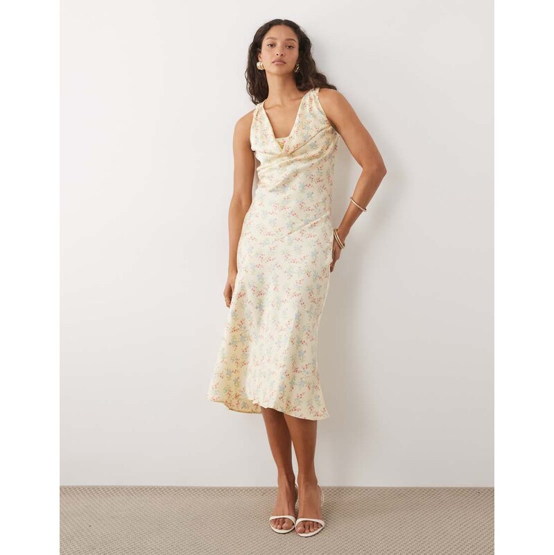 New Look ditsy cowl neck satin midi dress in yellow