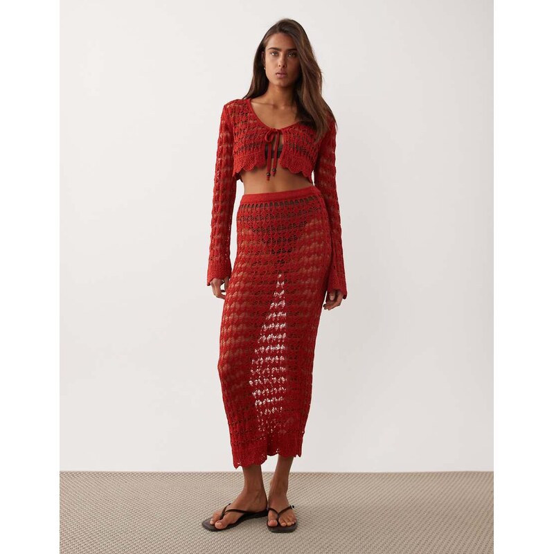 Miss Selfridge crochet maxi skirt co-ord in red-Yellow