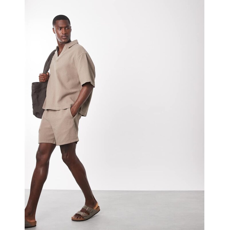 ASOS DESIGN co-ord mid length waffle shorts in stone-Neutral