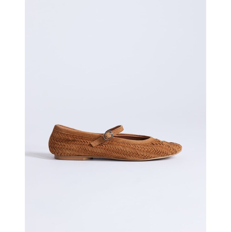 Topshop Bonnie real suede woven ballet in tan-Brown