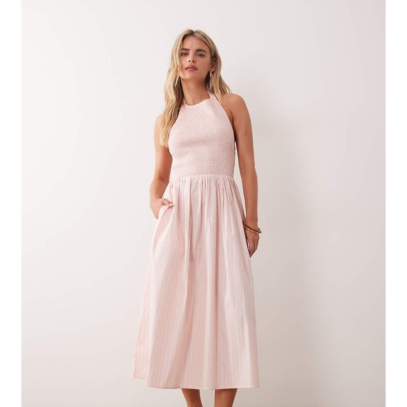 Miss Selfridge Petite shirred halter maxi dress in pink stripe