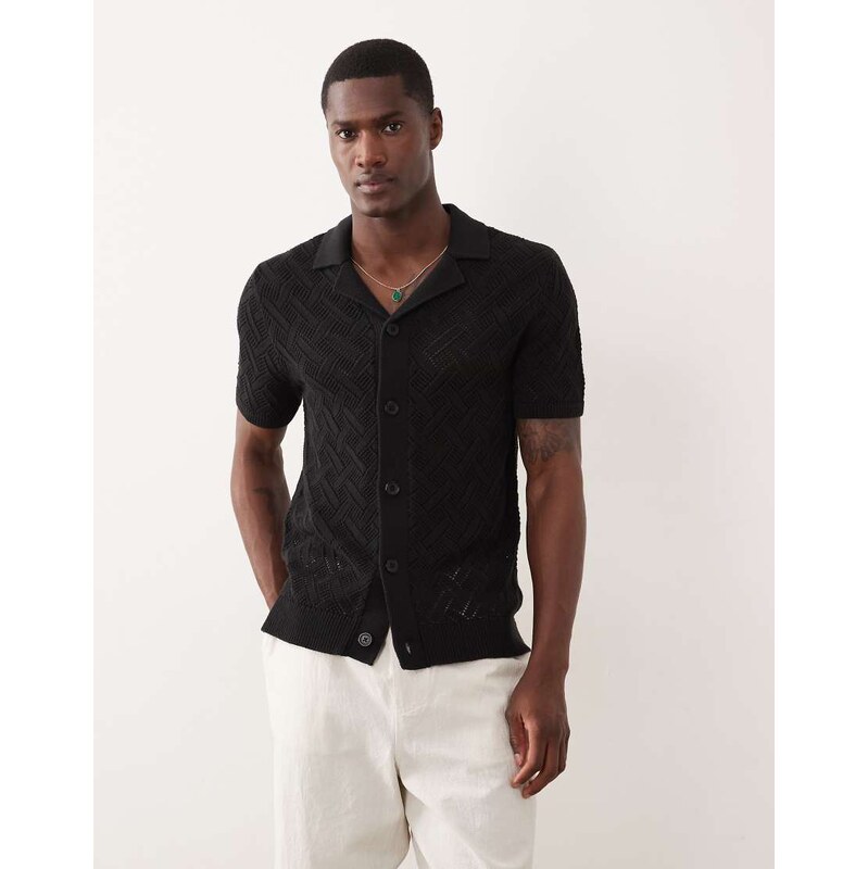 New Look diamond knitted revere shirt in black