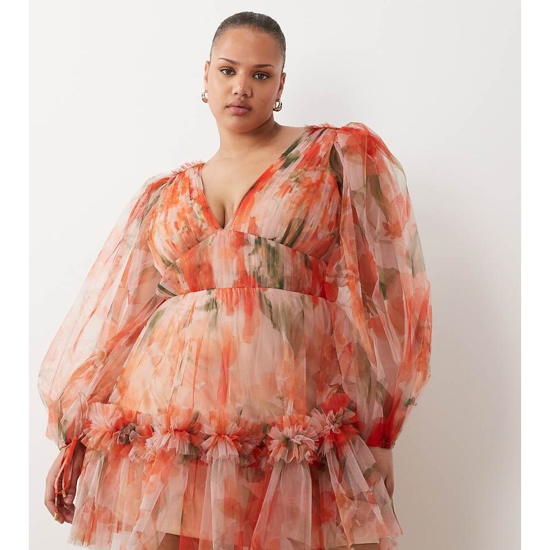 Lace & Beads Plus organza v-neck balloon sleeve mini dress in orange 115523024