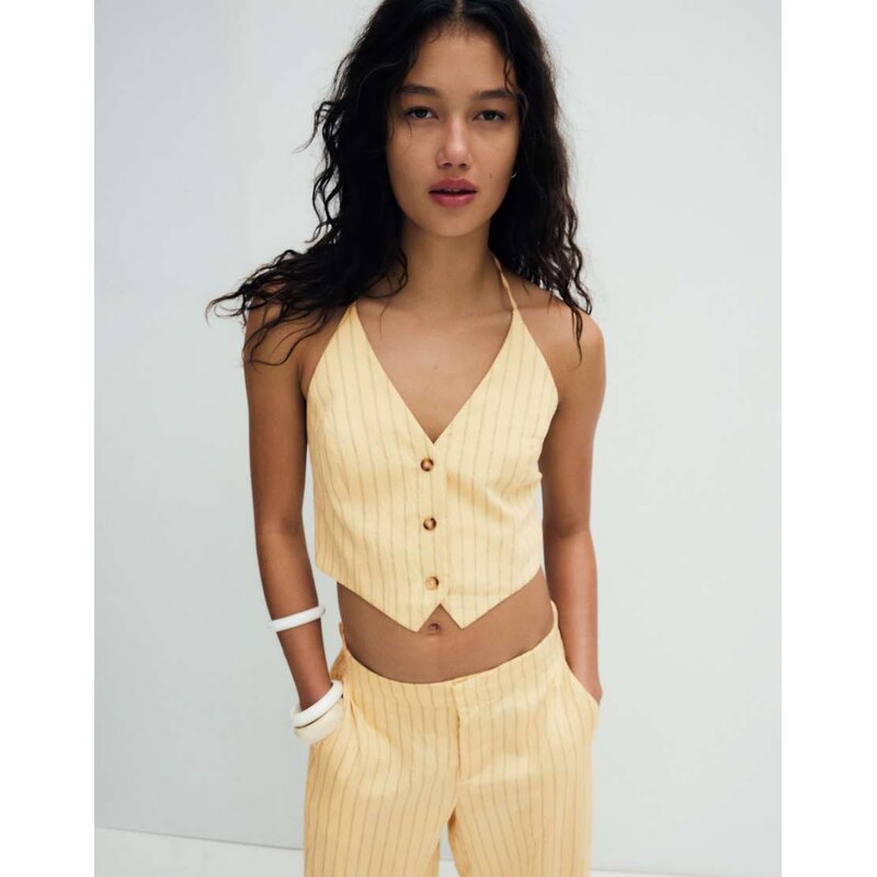 Bershka Striped halter vest in yellow