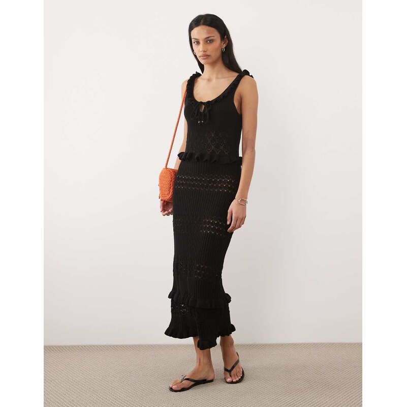 Miss Selfridge frill detail crochet maxi dress in black