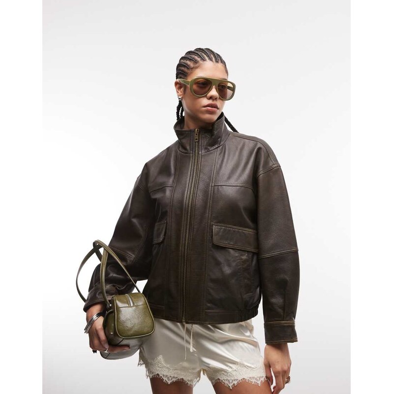 ASOS DESIGN oversized washed leather bomber in brown 115136188
