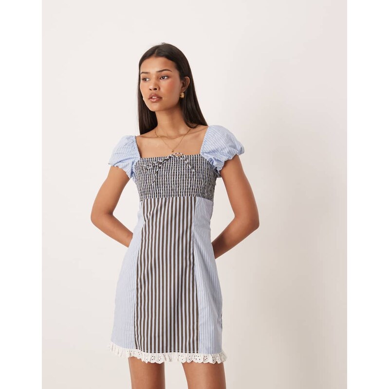 ASOS DESIGN square neck mini dress in mixed blue stripe-Multi