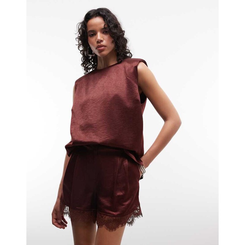 ASOS DESIGN tailored satin shorts with lace trim in brown