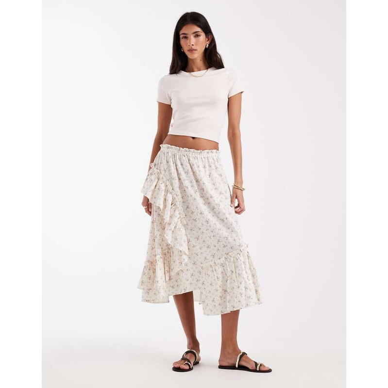 Daisy Street low rise tiered asymmetric midaxi skirt in cream