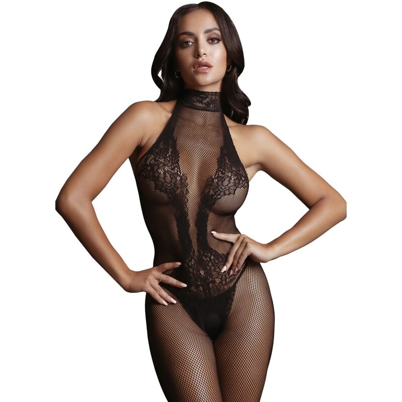 Le Désir Halter Neck and Lace Bodystocking, černé průsvitné erotické 114936850