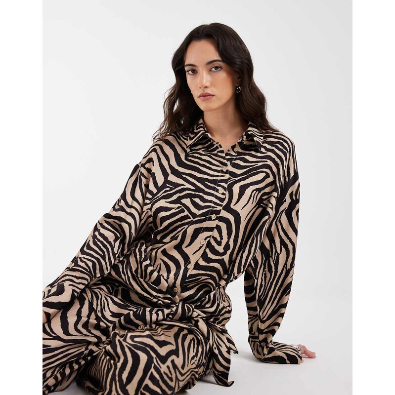 ASOS DESIGN satin scarf detail oversized shirt in zebra print co