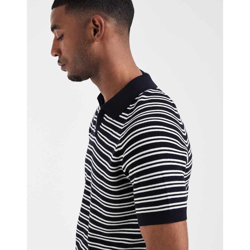 Mango knitted revere collar polo top in navy stripe