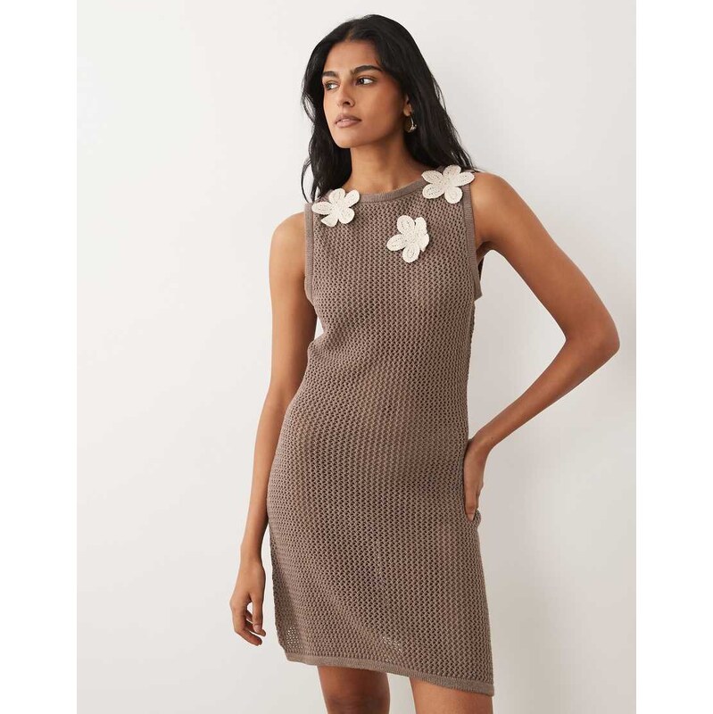 ASOS DESIGN knitted 3D floral mini dress in mocha-Brown