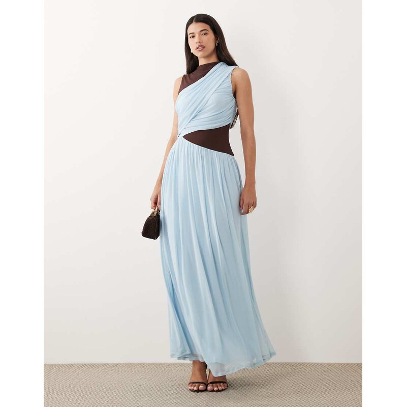 ASOS DESIGN maxi tiered mesh colour block slash neck dress in