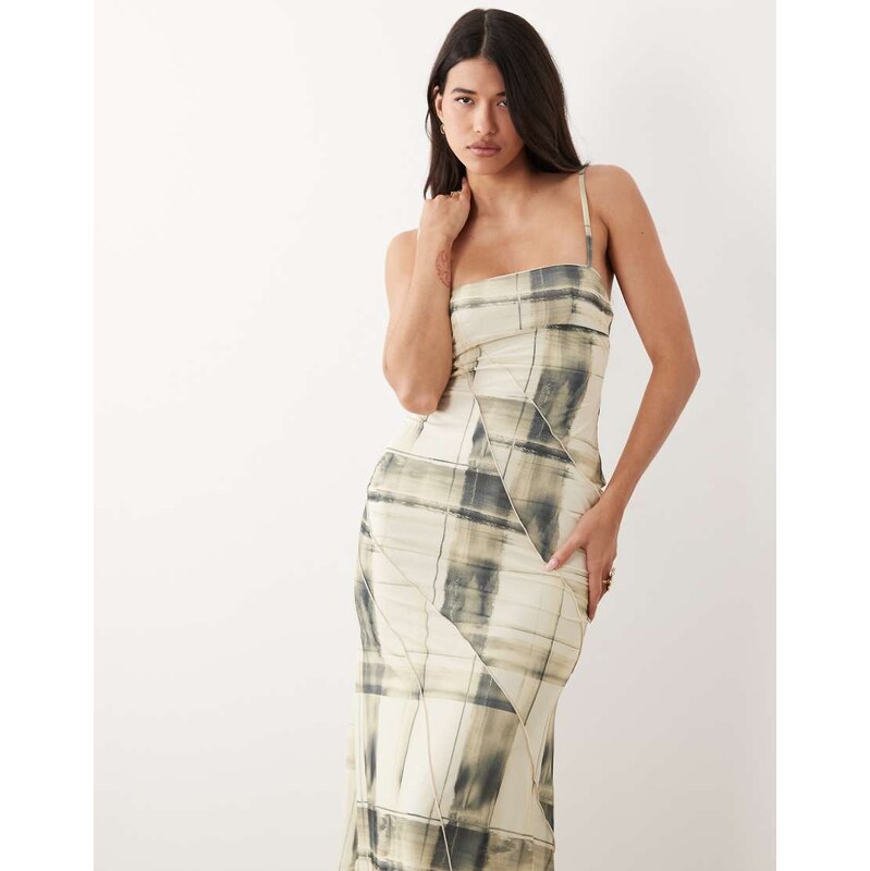 ASOS DESIGN spliced printed check cami maxi dress in cream-White