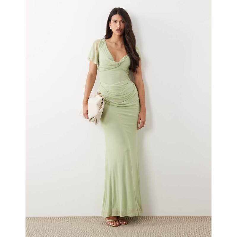 ASOS DESIGN draped mesh asymmetric sleeve maxi dress in sage